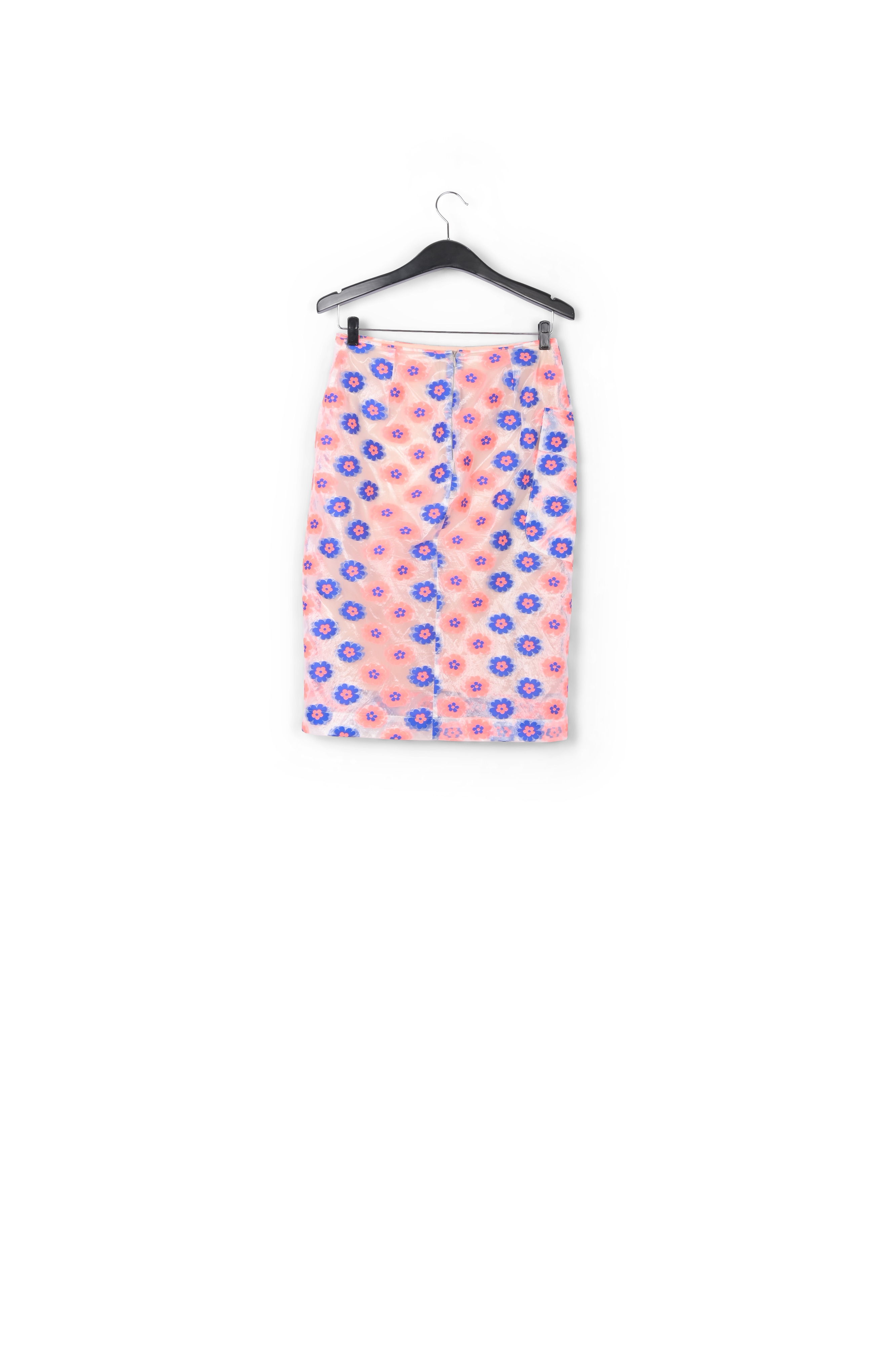 Jupe fourreau transparente à fleurs rose fluo et bleu RE—SSENTIEL seconde main photo 2