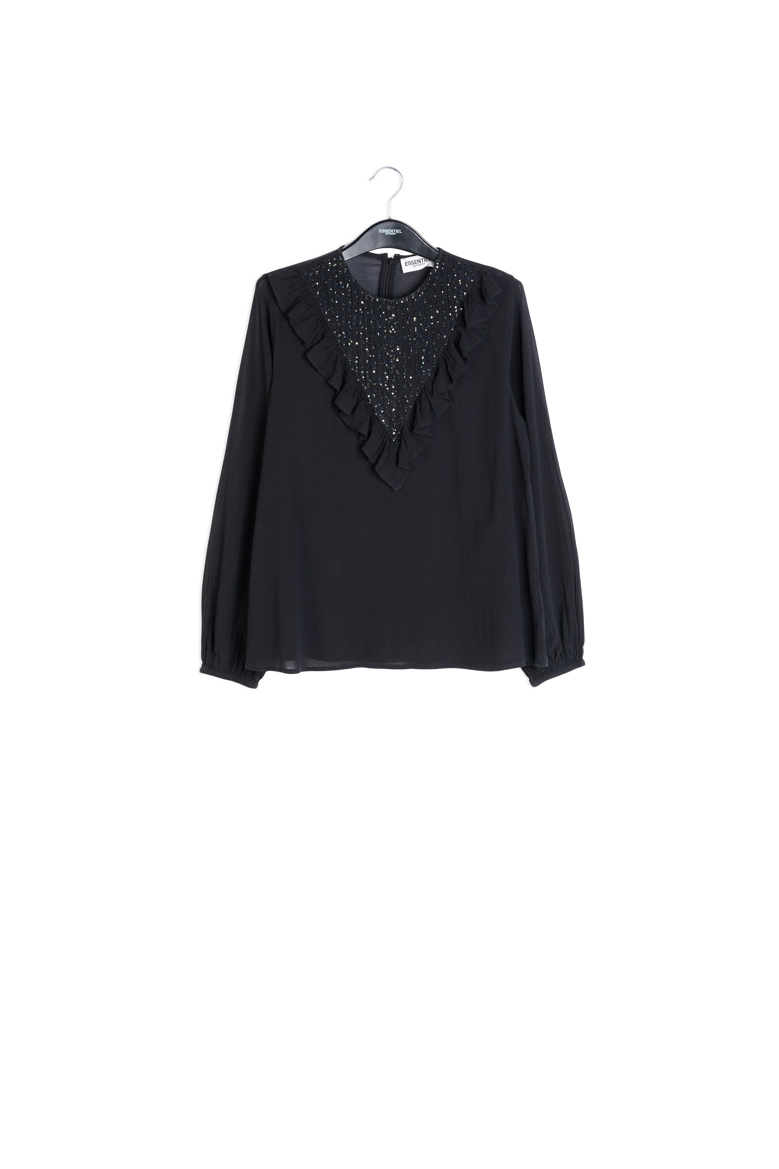 Black sequin-embroidered top with ruffles RE—SSENTIEL second-hand photo 1