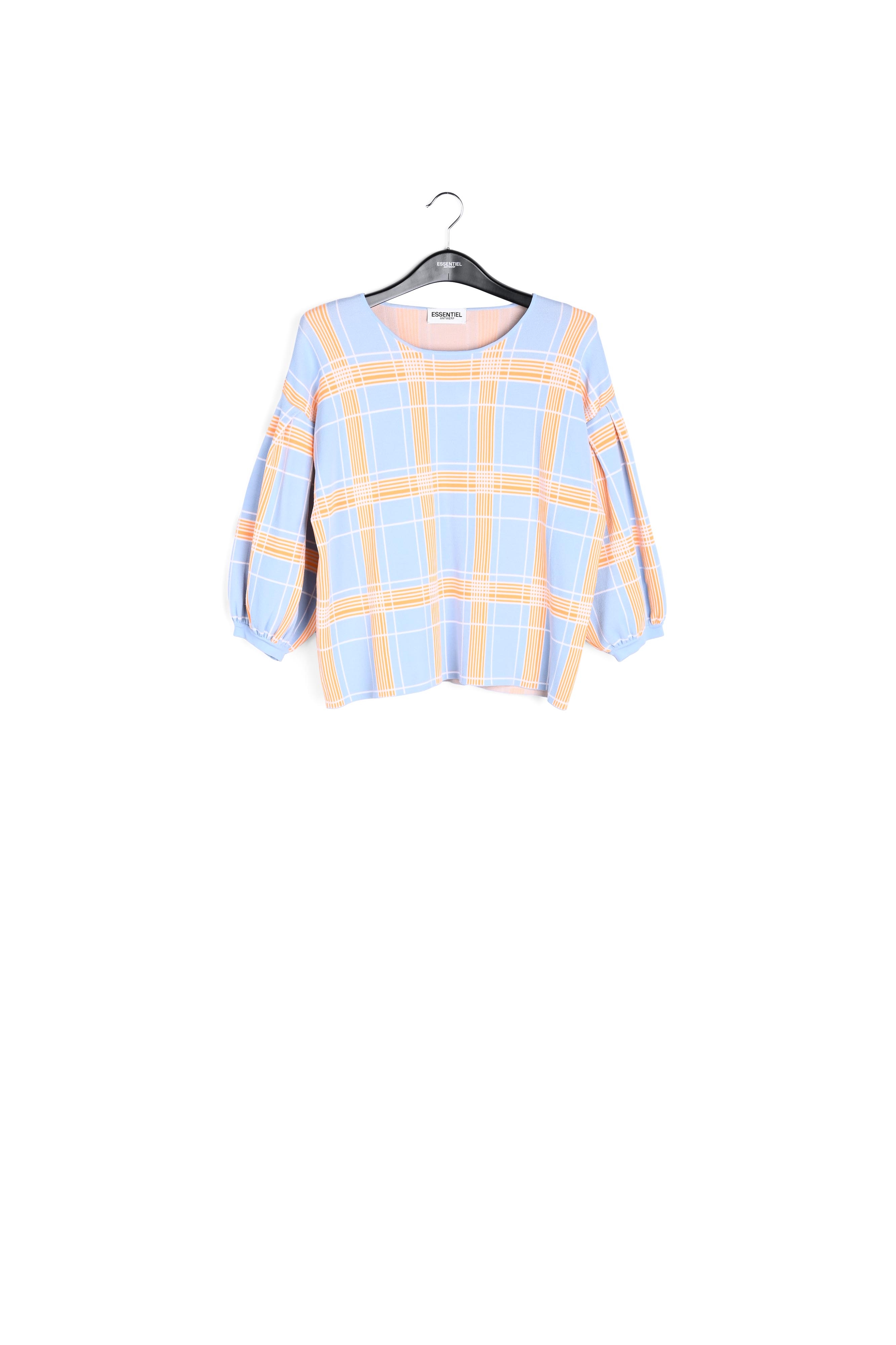 Light blue puffed sleeve knitted top with check motif RE—SSENTIEL second-hand photo 1