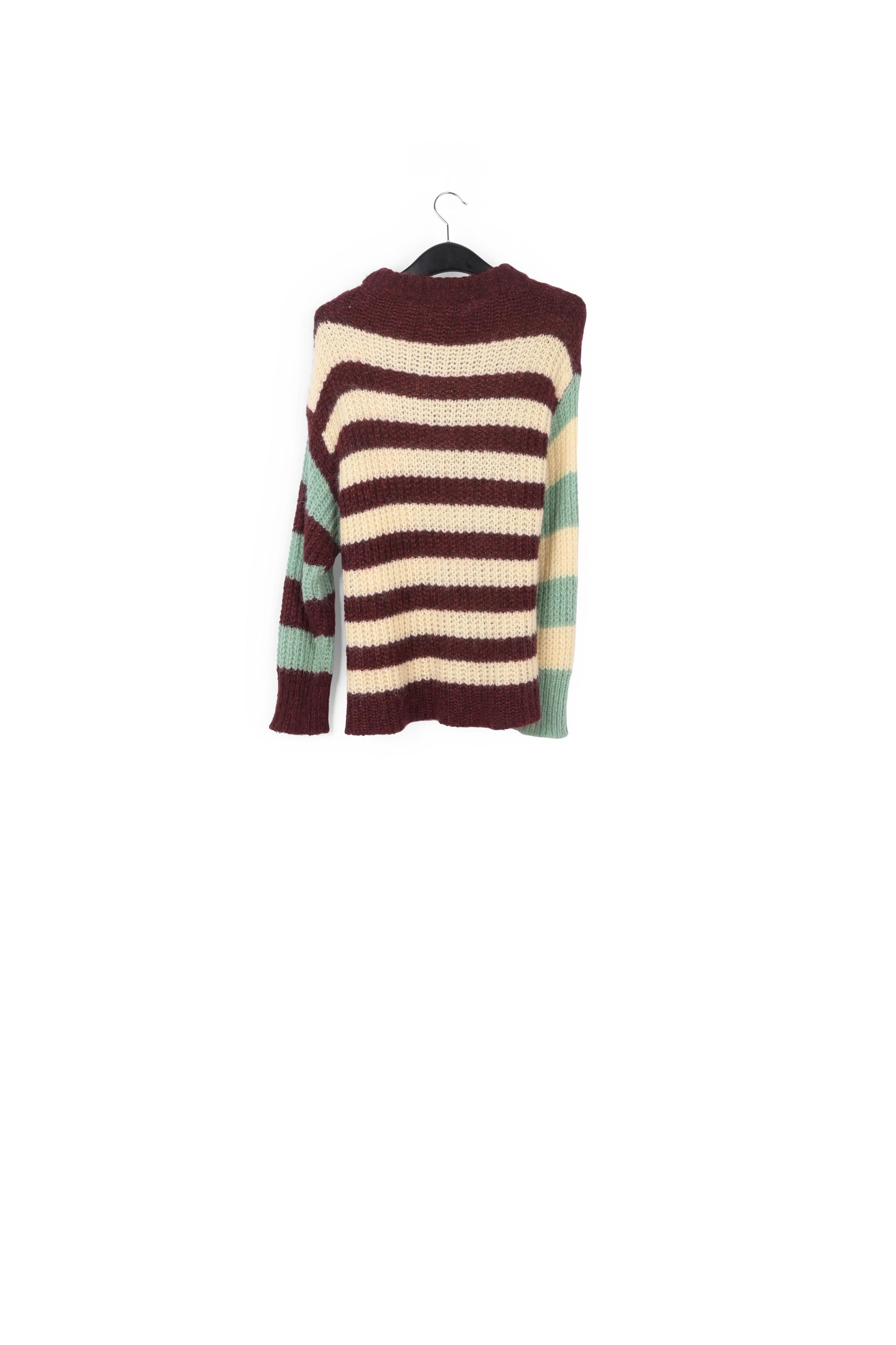 Pull en tricot côtelé à rayures blanc cassé, bordeaux et vert kaki RE—SSENTIEL seconde main photo 2