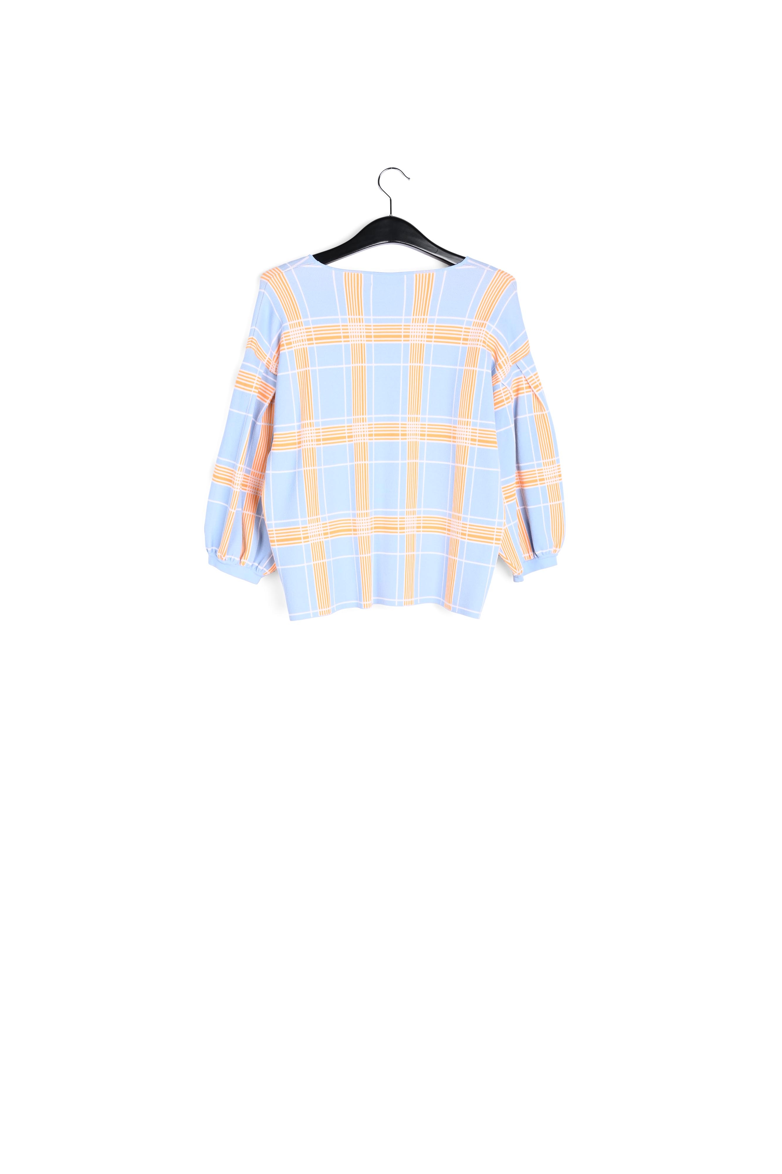 Light blue puffed sleeve knitted top with check motif RE—SSENTIEL second-hand photo 2