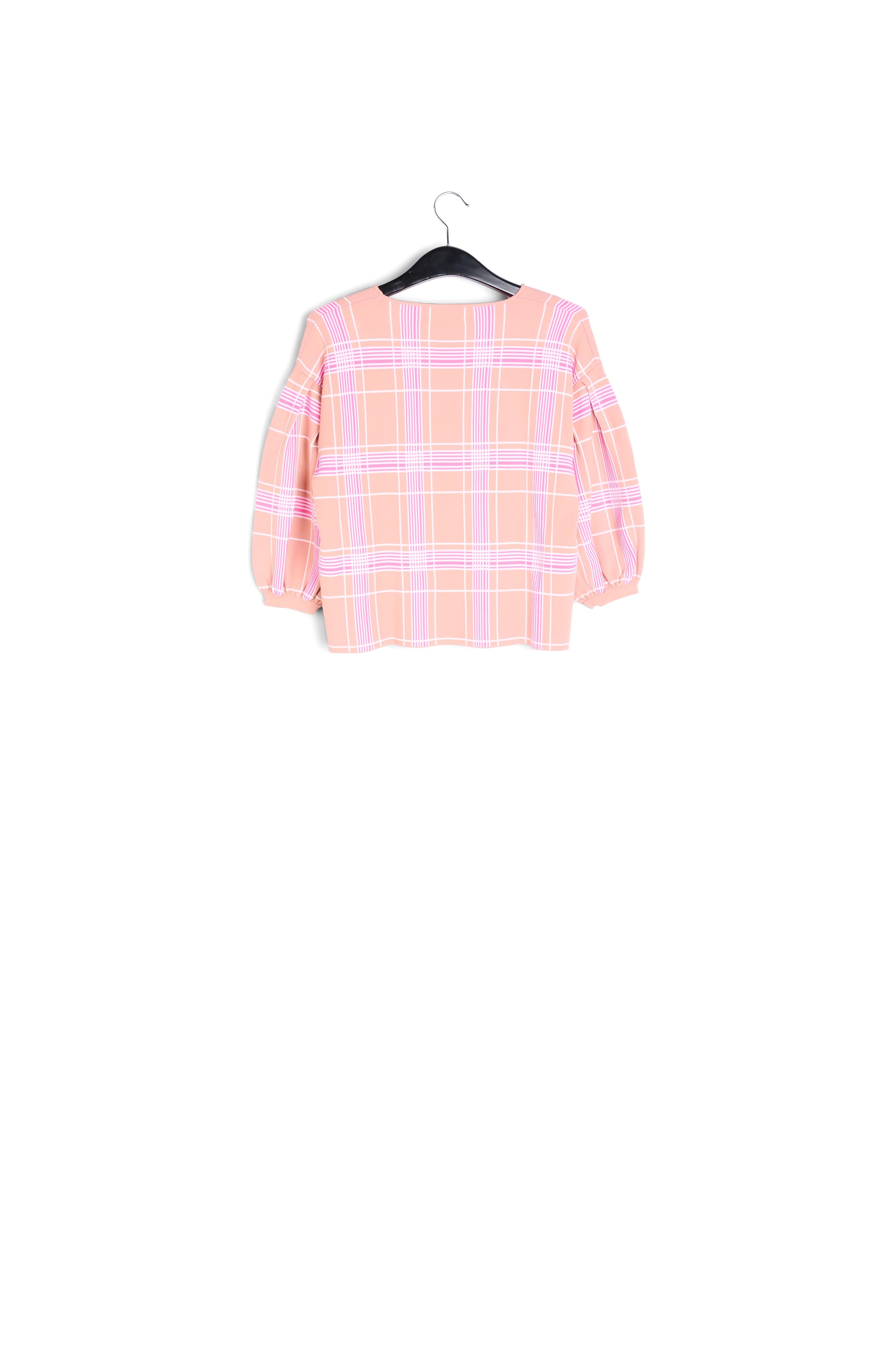 Vintage pink puffed sleeve knitted top with check motif RE—SSENTIEL second-hand photo 2