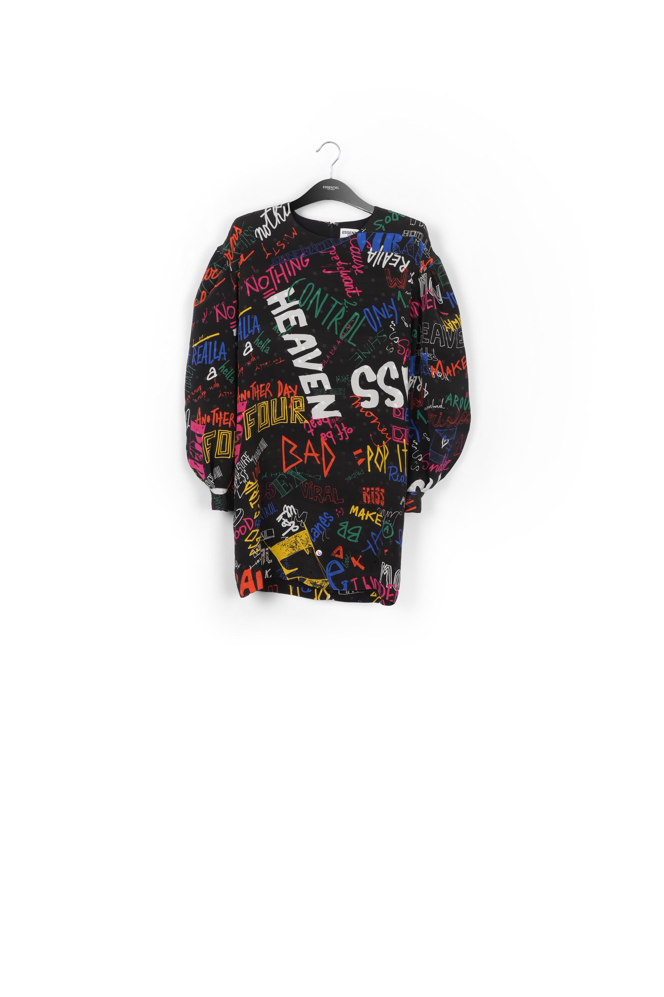 Black jacquard-silk minidress with text print RE—SSENTIEL second-hand photo 1