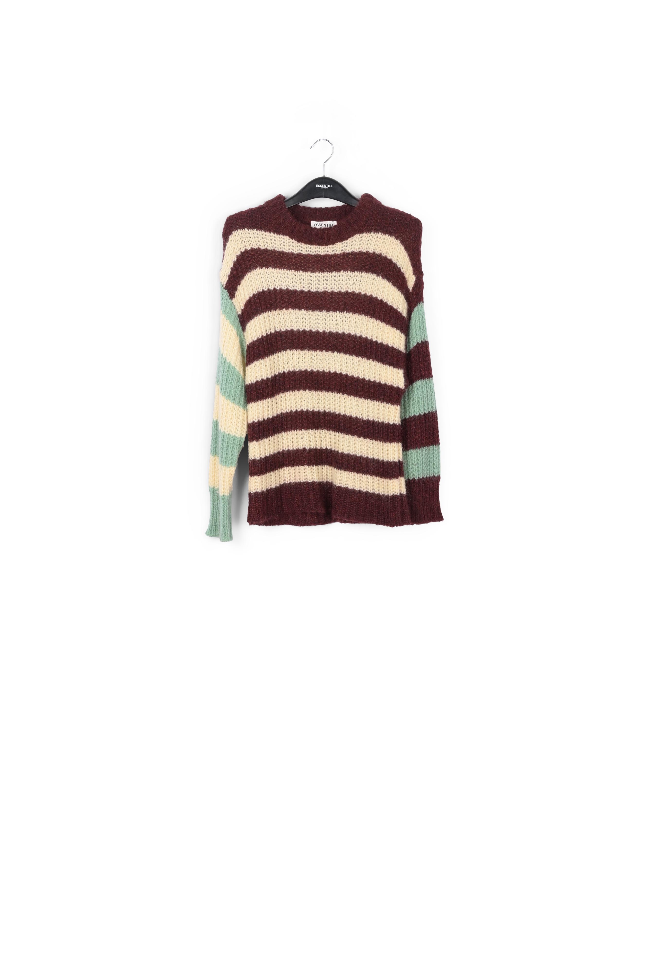 Pull en tricot côtelé à rayures blanc cassé, bordeaux et vert kaki RE—SSENTIEL seconde main photo 1