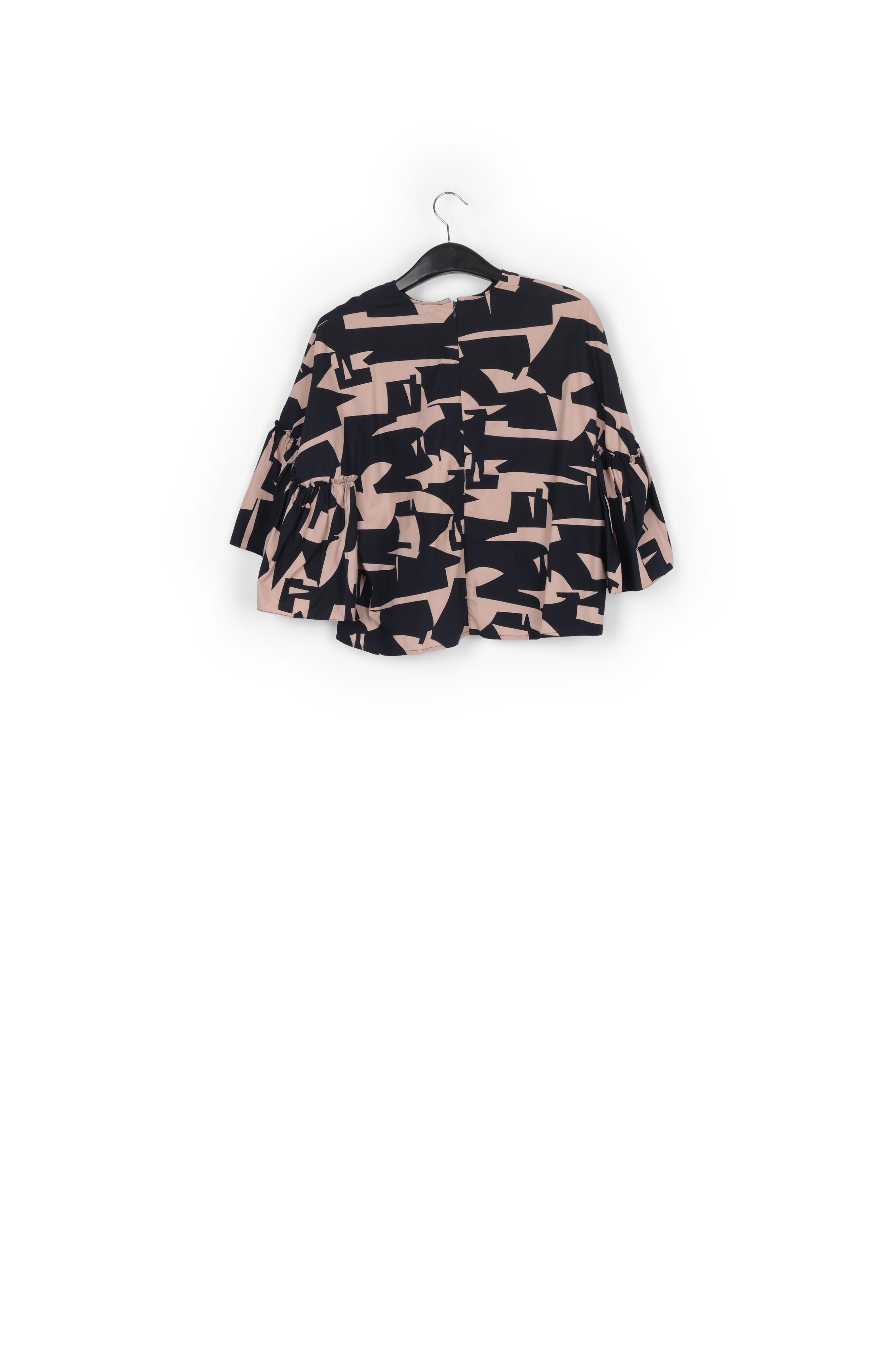 Grafische top in donkerblauw en beige met volantmouwen RE—SSENTIEL tweedehands photo 2
