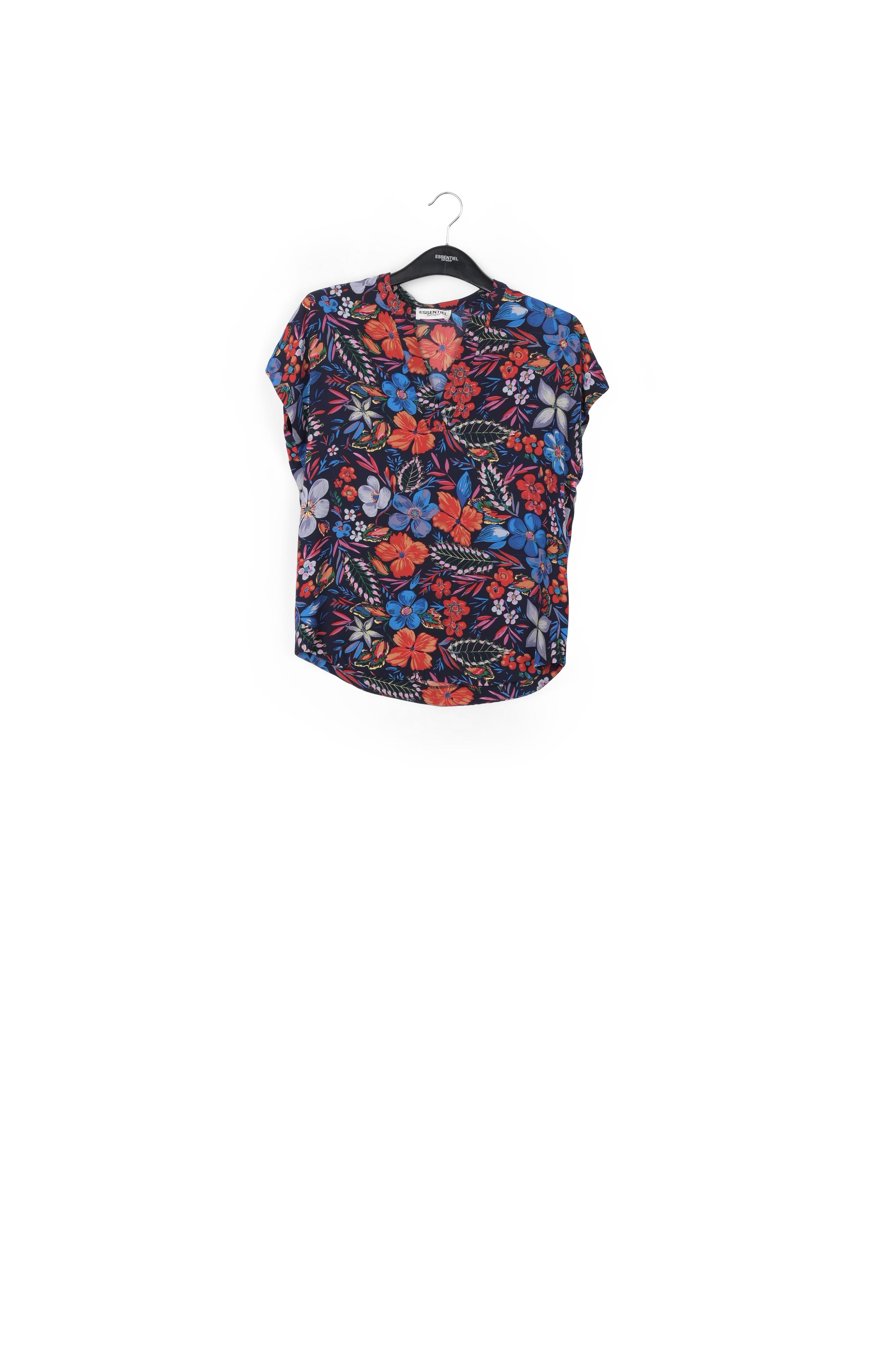 Donkerblauwe top met v-hals en bloemenprint RE—SSENTIEL tweedehands photo 1