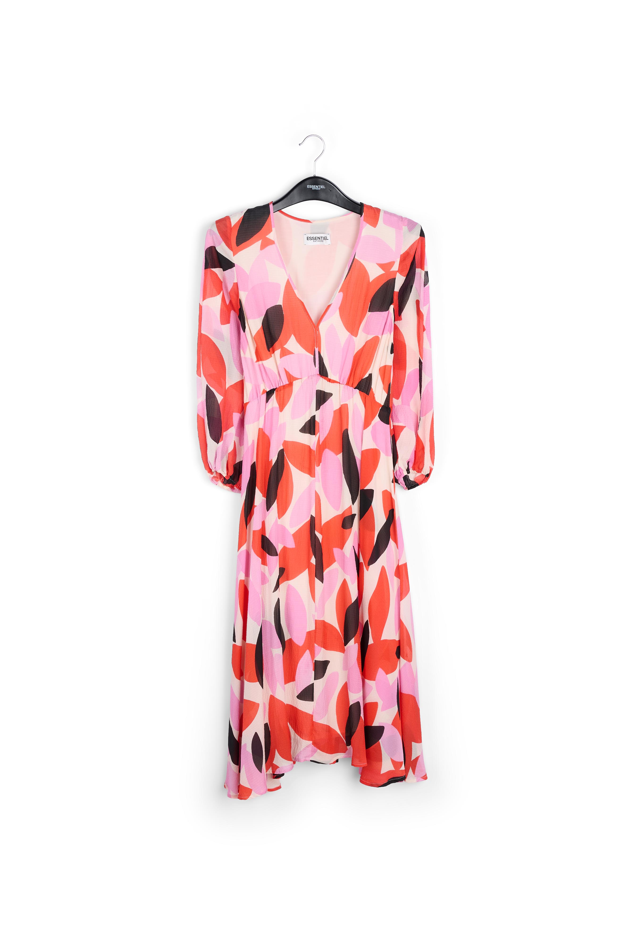 Midi-jurk met abstracte print in gebroken wit, rood en roze RE—SSENTIEL tweedehands photo 1