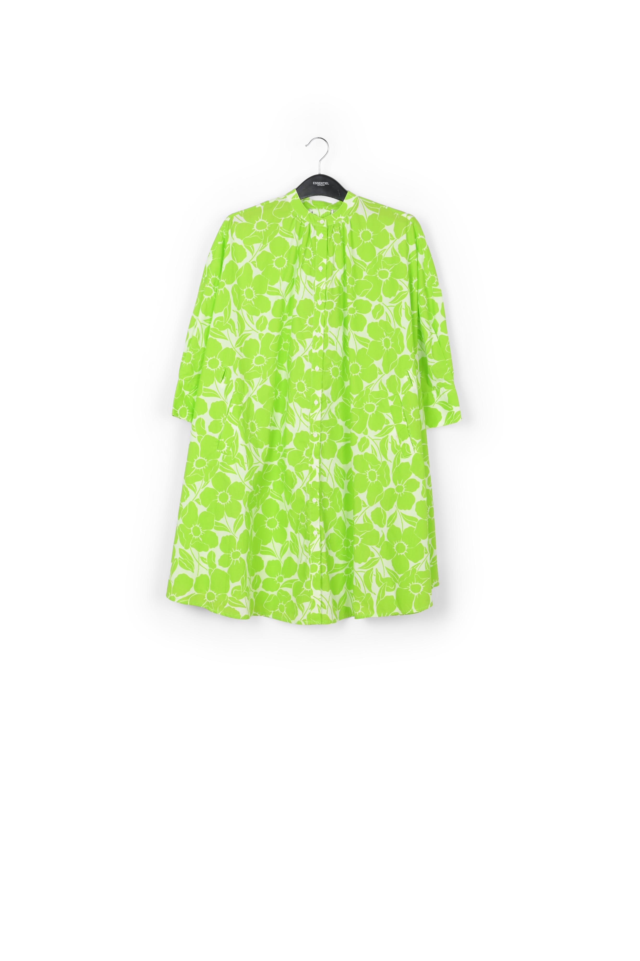 White and lime green floral print cotton knee-length shirt dress RE—SSENTIEL second-hand photo 1