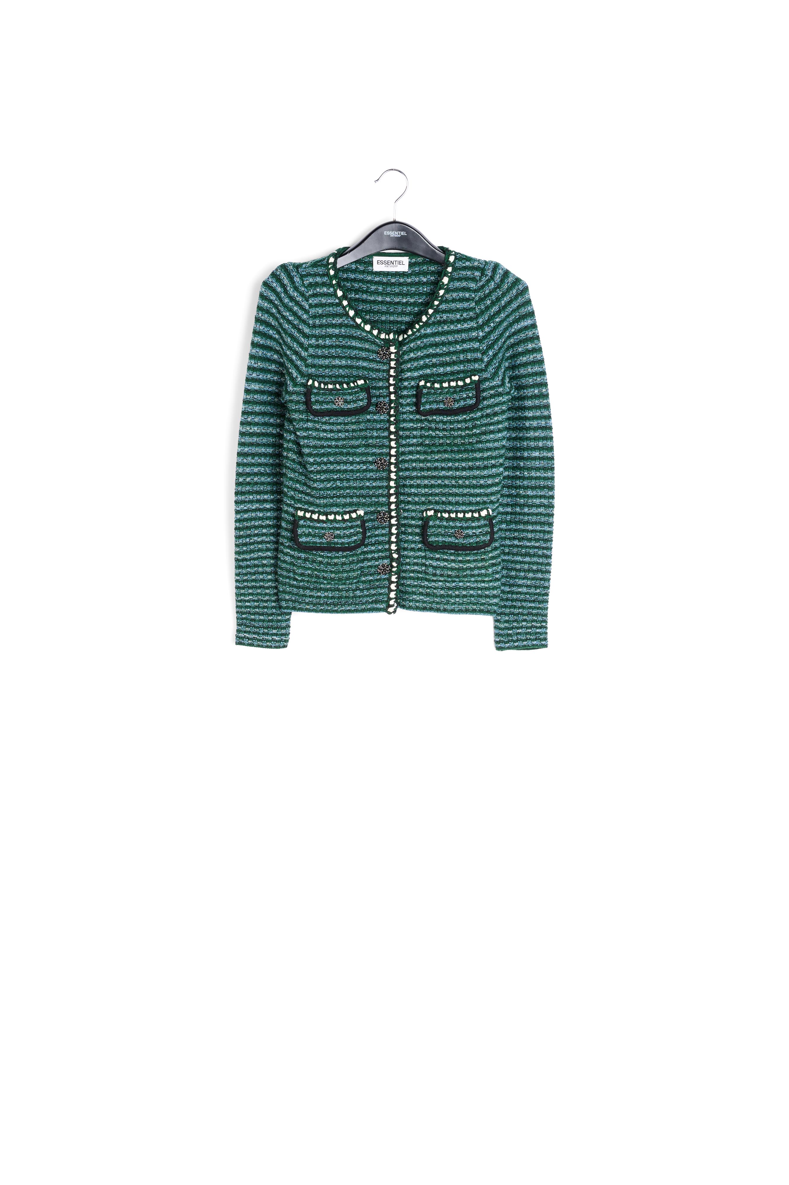Donkergroene en lichtblauwe cardigan in tweed RE—SSENTIEL tweedehands photo 1