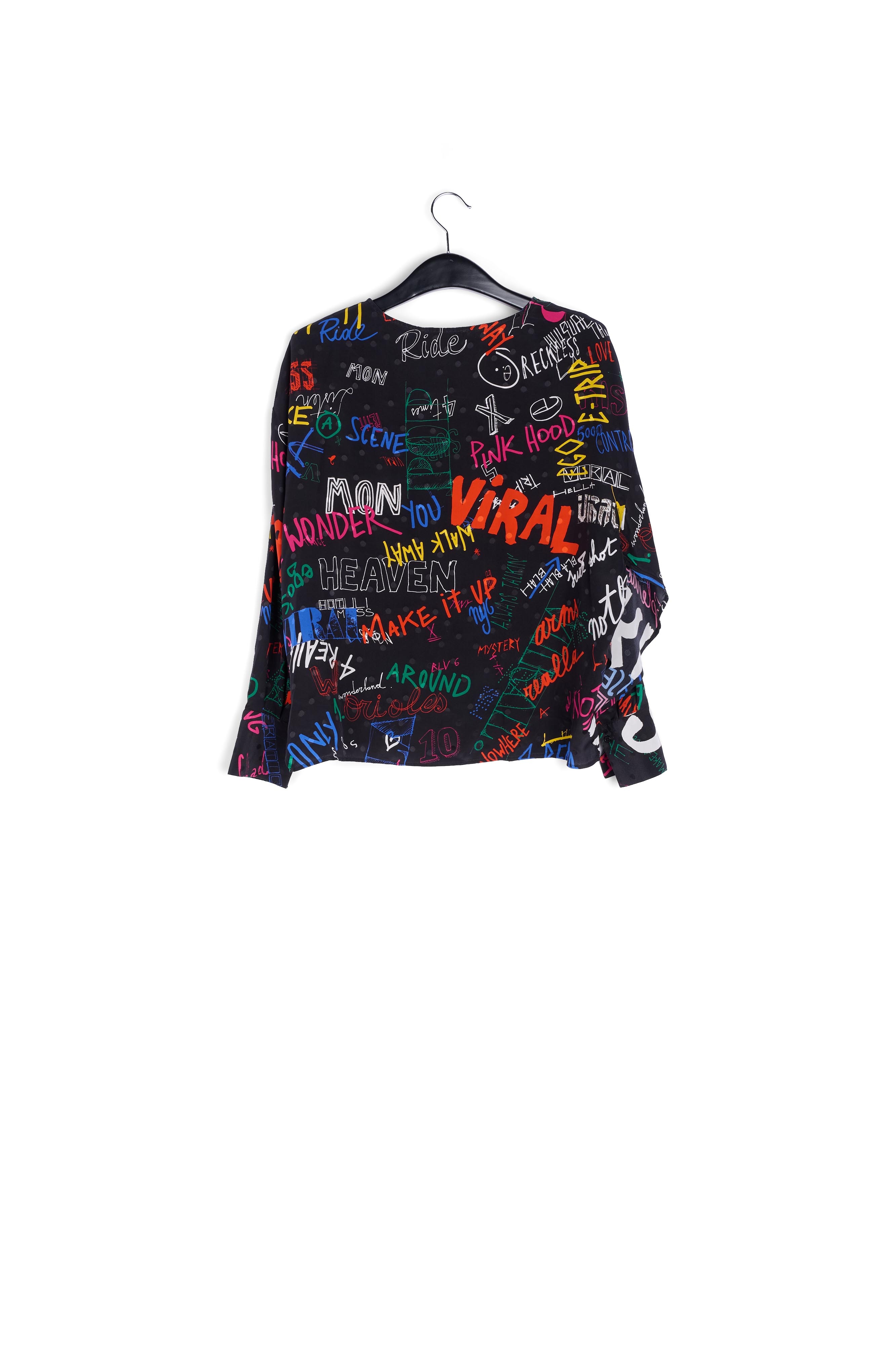 Black silk top with colorful tekst print RE—SSENTIEL second-hand photo 2