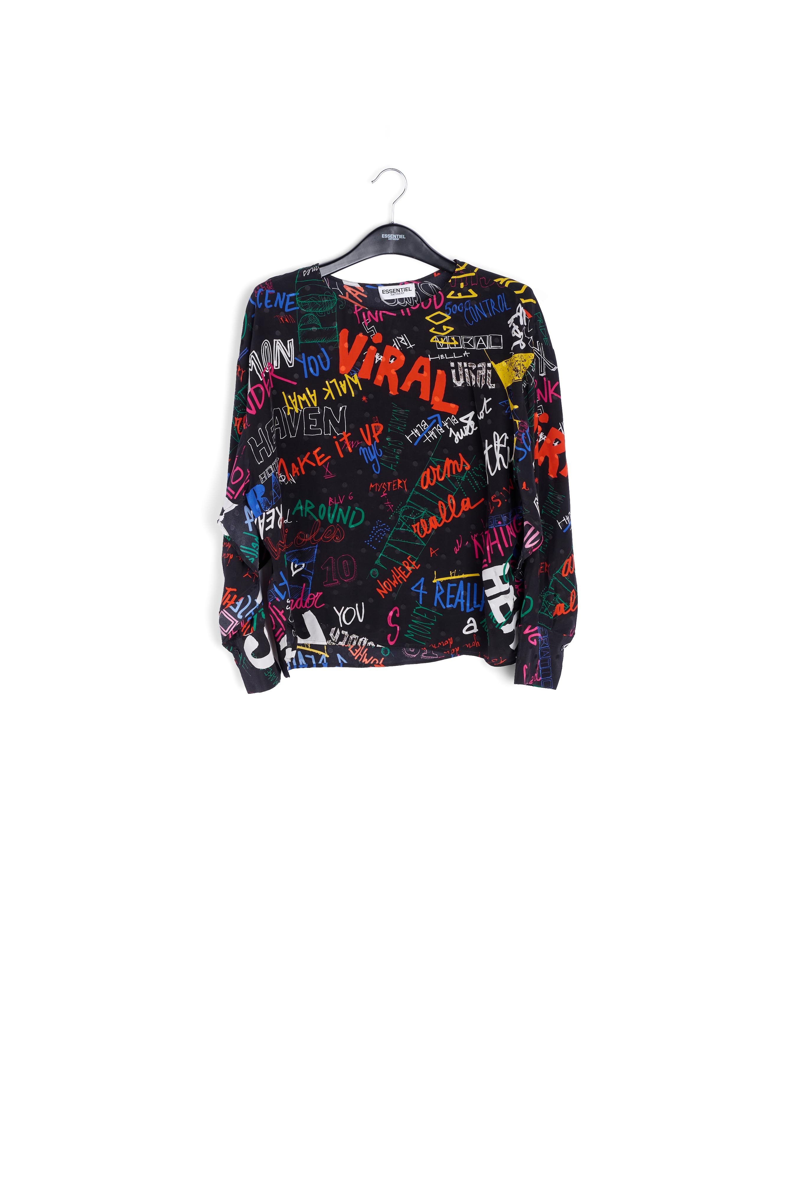Black silk top with colorful tekst print RE—SSENTIEL second-hand photo 1
