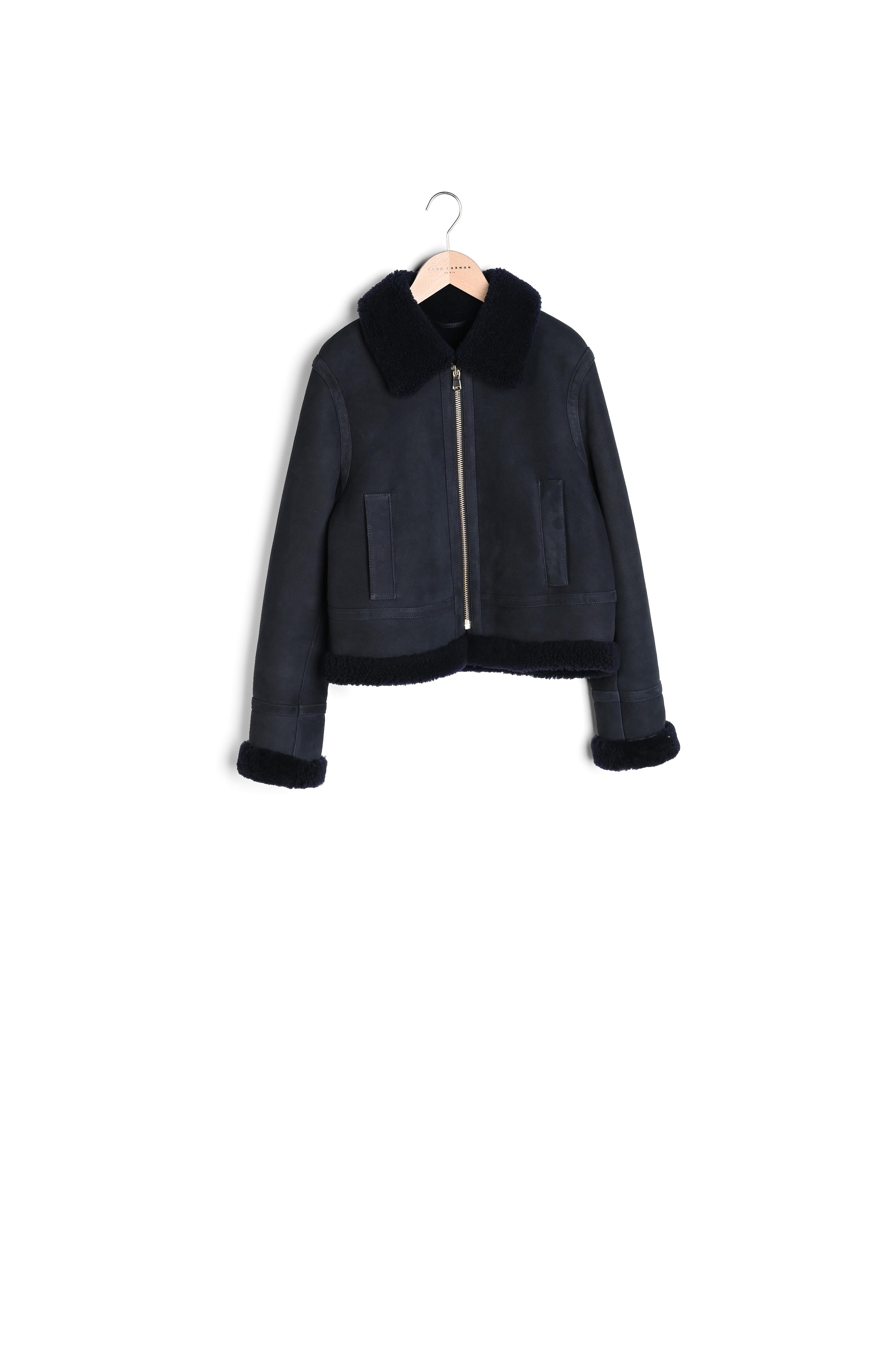 Blouson Bikie bleu marine en peau lainée Tara Jarmon seconde main photo 8