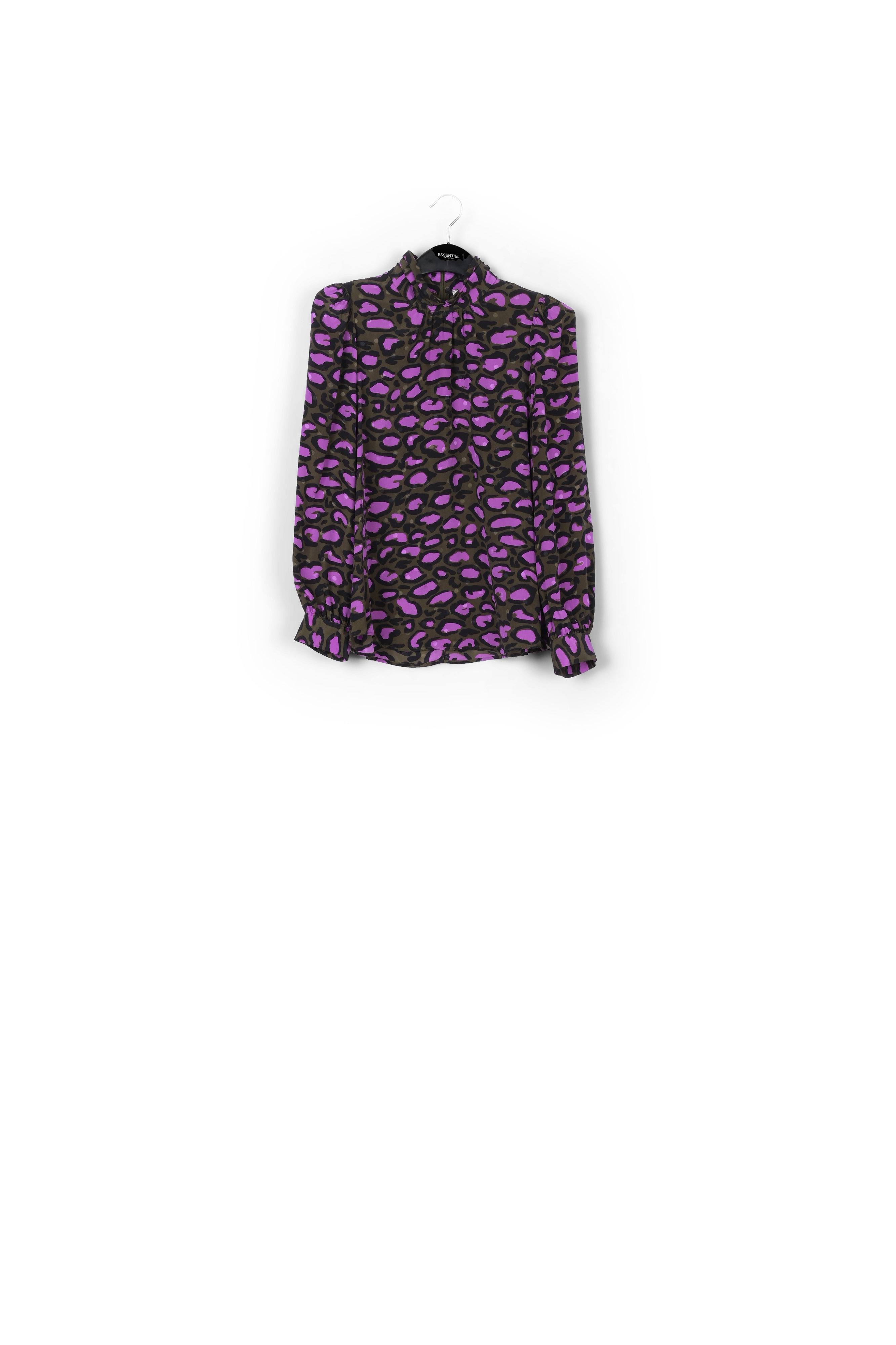 Khaki green silk top with stand-up collar and leopard print RE—SSENTIEL second-hand photo 1