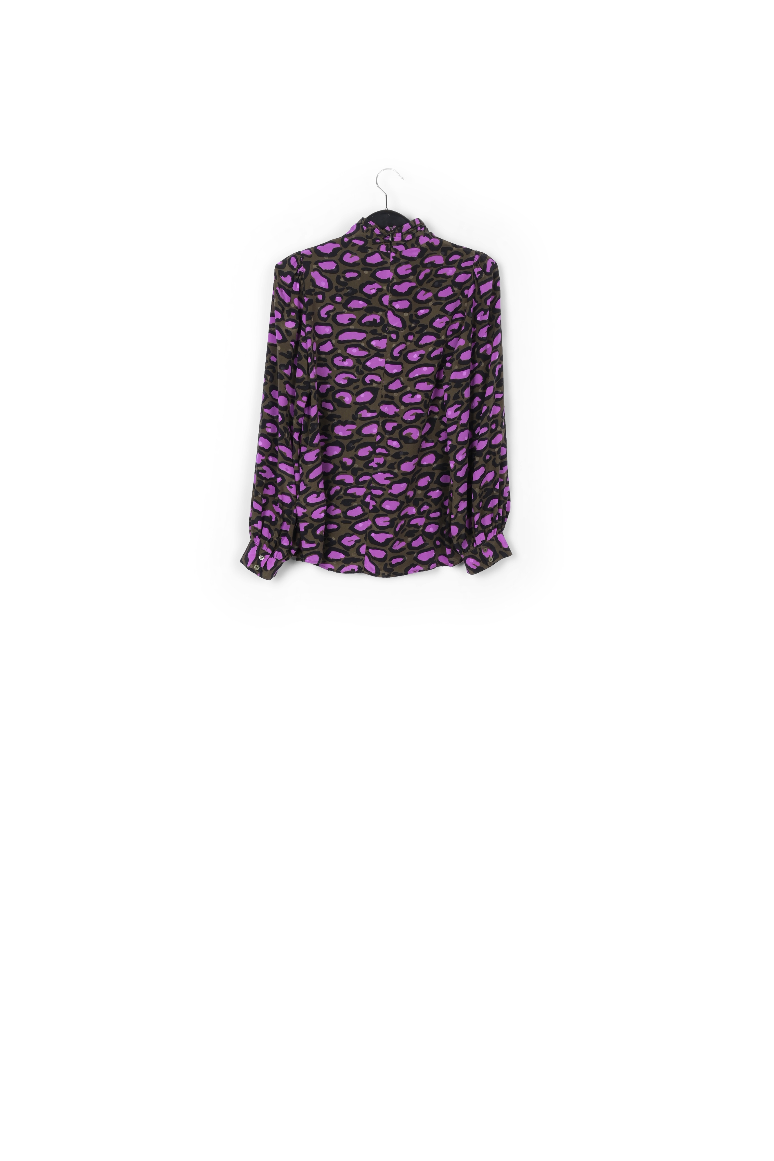 Khaki green silk top with stand-up collar and leopard print RE—SSENTIEL second-hand photo 2