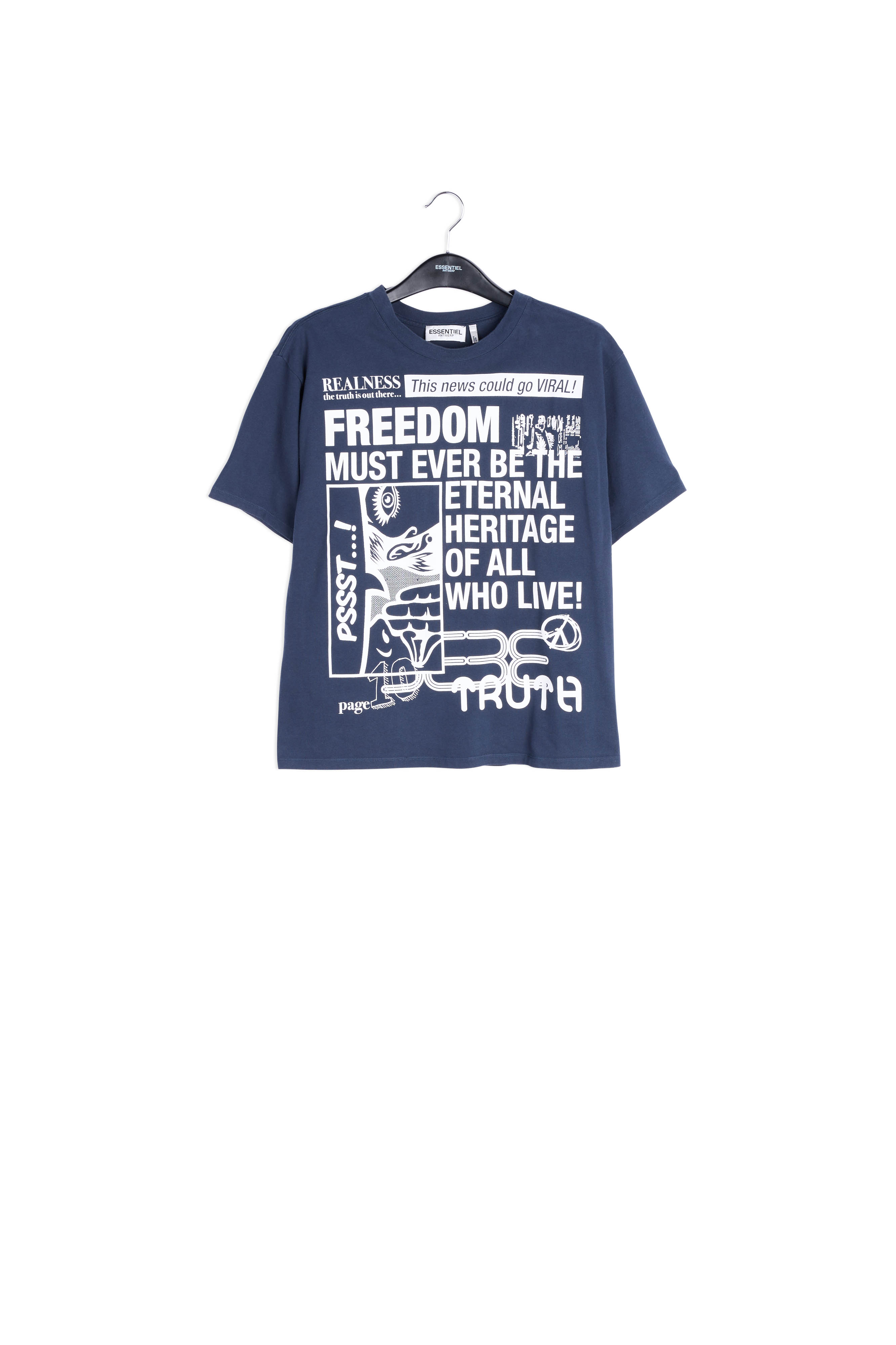 Donkerblauw katoenen t-shirt met 'news'-print RE—SSENTIEL tweedehands photo 1