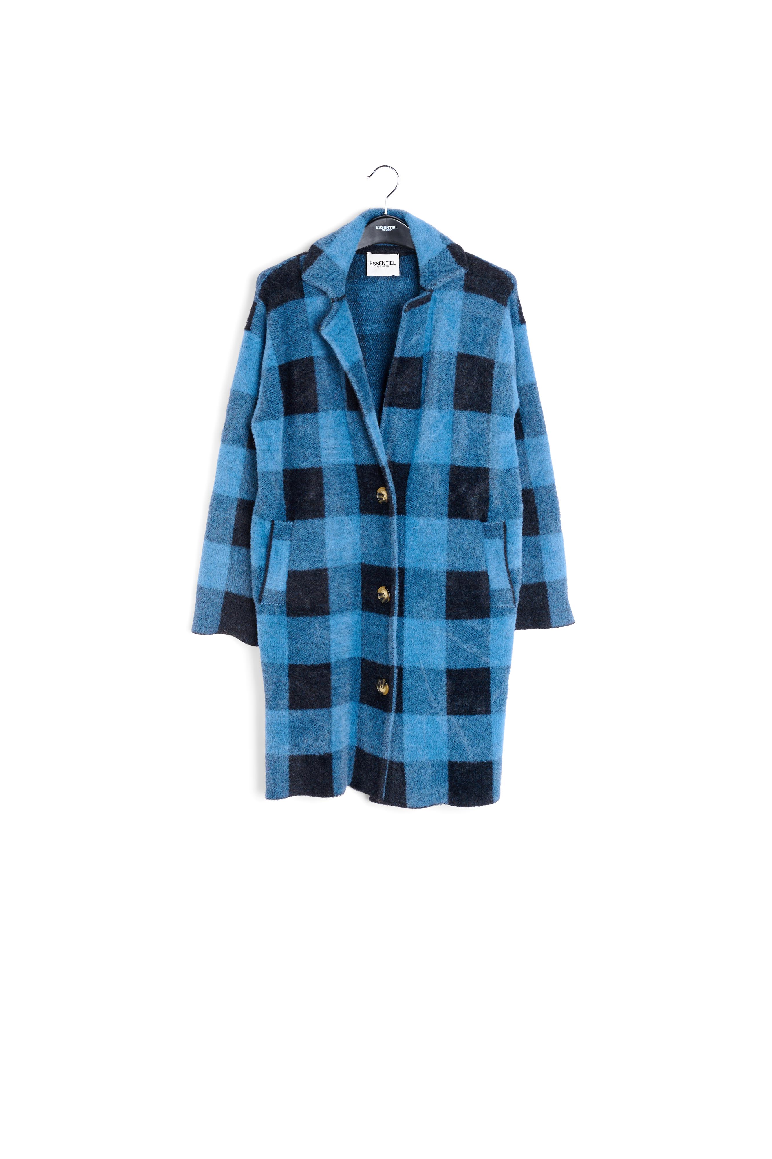 Gebreide jas met zwart en blauw ruitjesmotief RE—SSENTIEL tweedehands photo 1