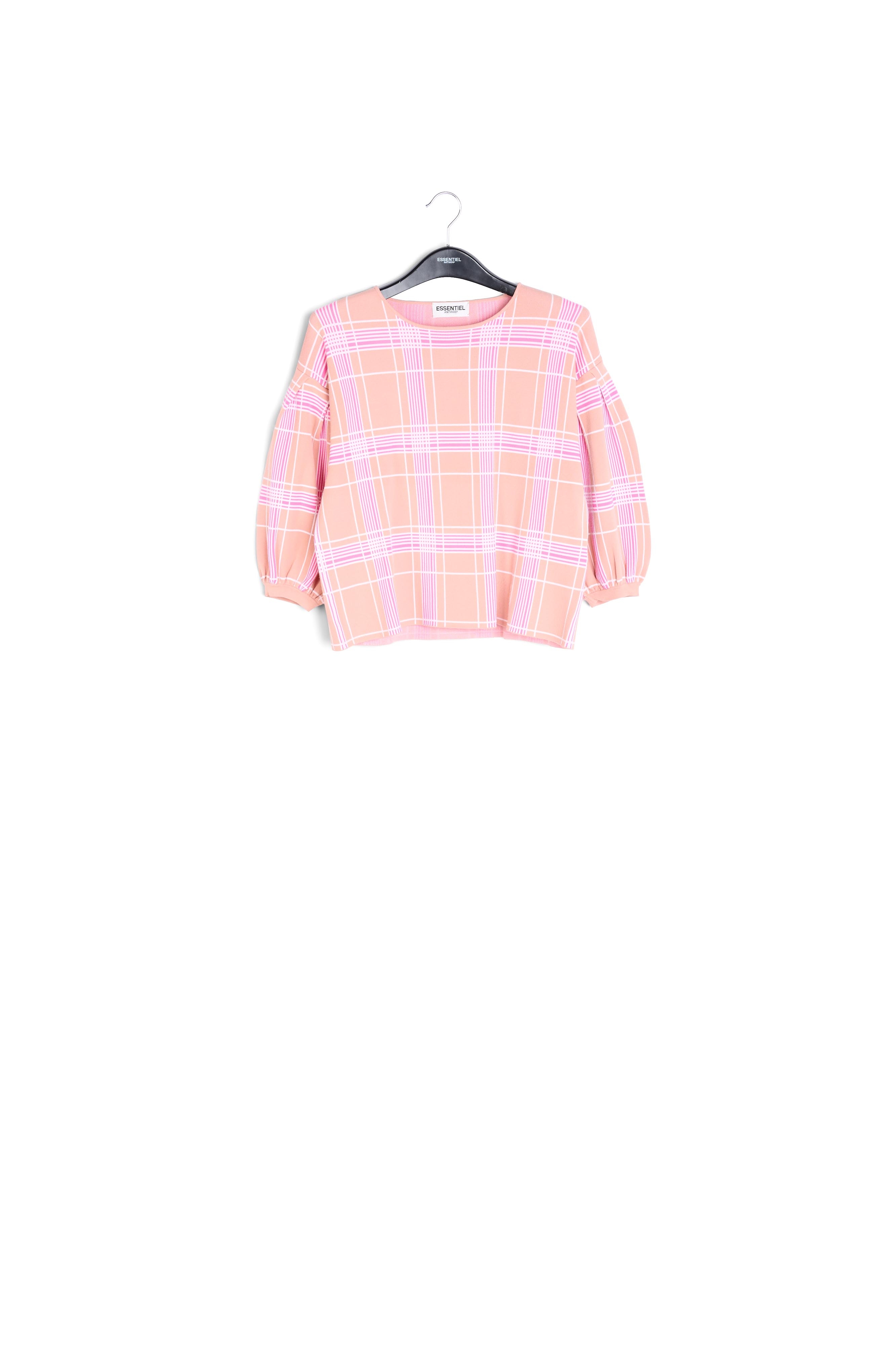 Vintage pink puffed sleeve knitted top with check motif RE—SSENTIEL second-hand photo 1
