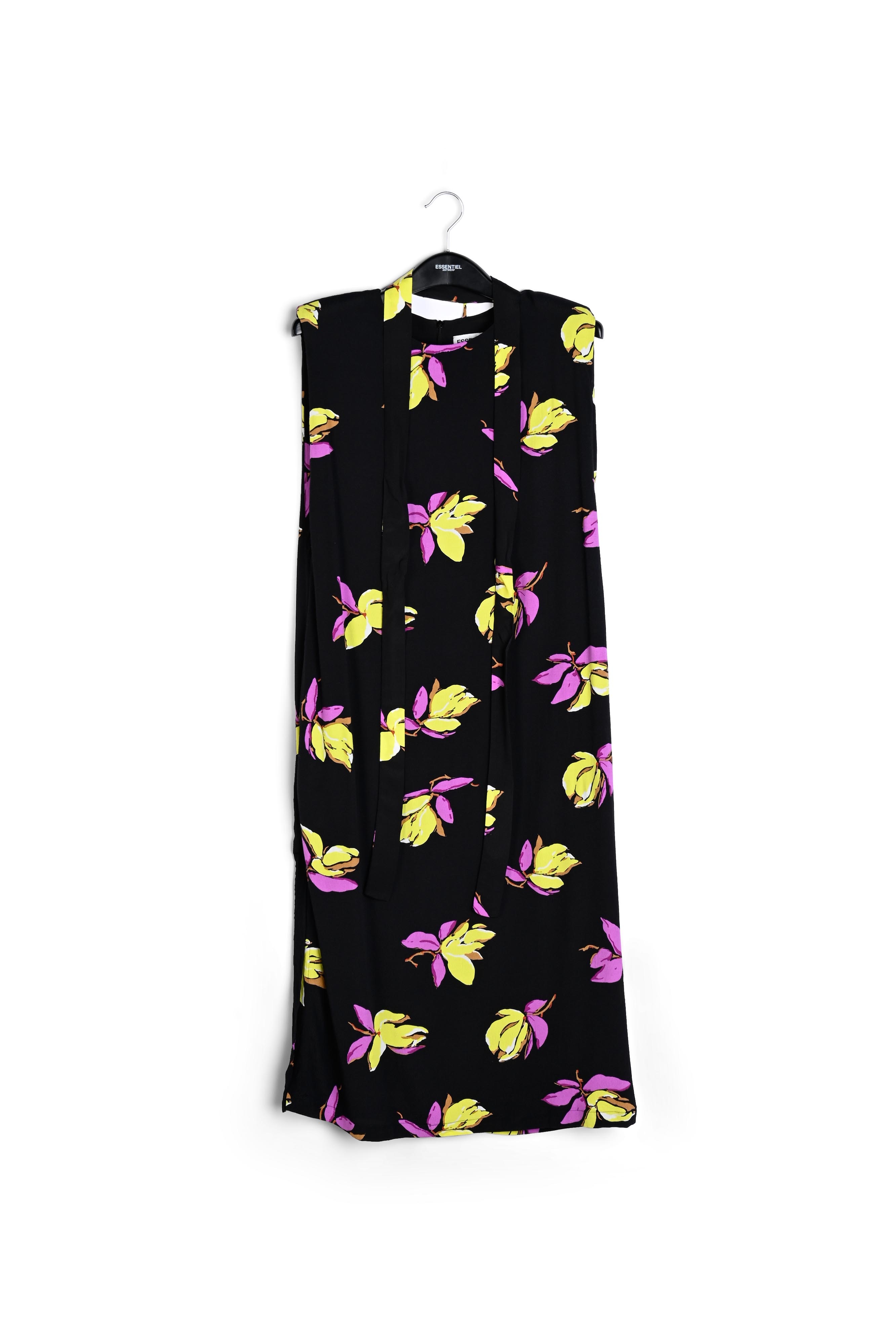 Black floral-print midi-length dress with padded shoulders RE—SSENTIEL second-hand photo 1